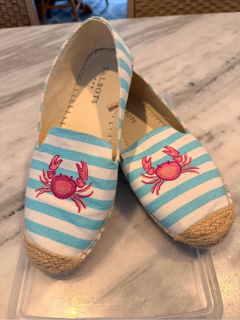 Talbots Aqua & White Striped Espadrilles with Pink Crab Embroidery